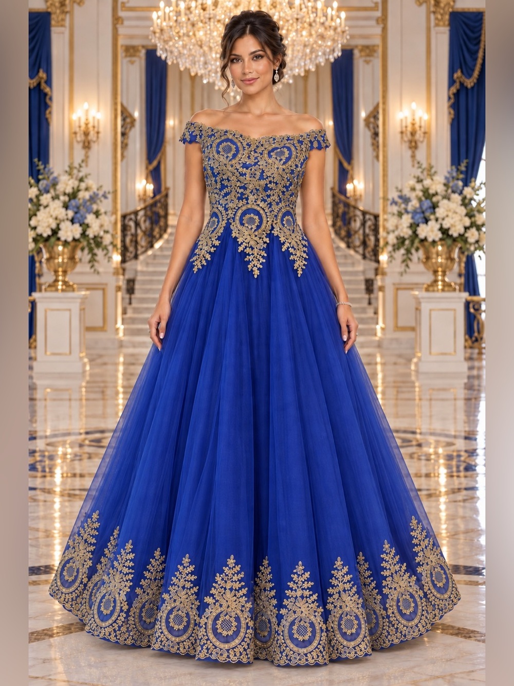 NWT Royal Blue Off-Shoulder Ball Gown Dress Gold Embroidery Military Gala Sz 18